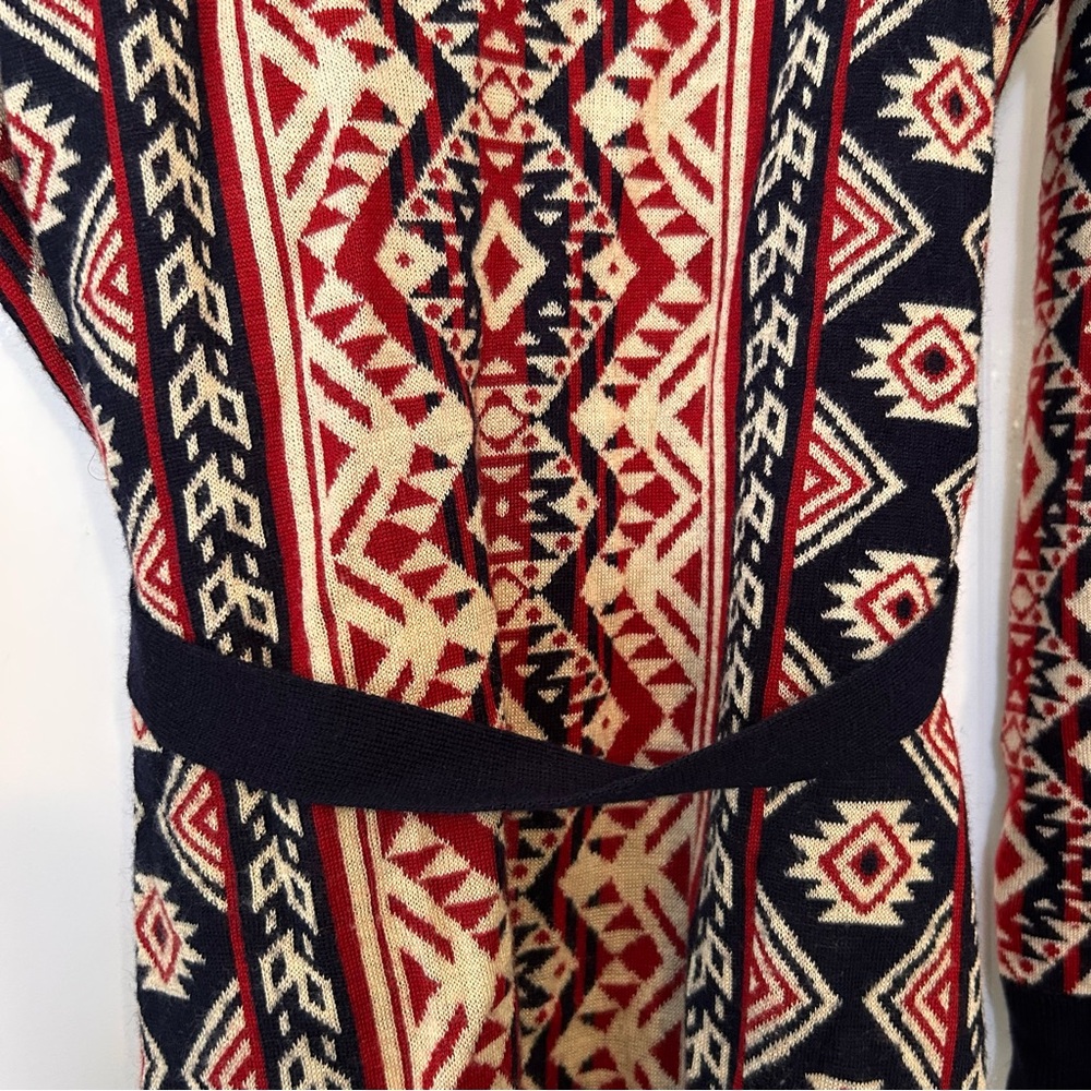 Under Skies Aztec Tribal Dark Red Navy Blue Belted Open Cardigan Size L Boho - Picture 4 of 9